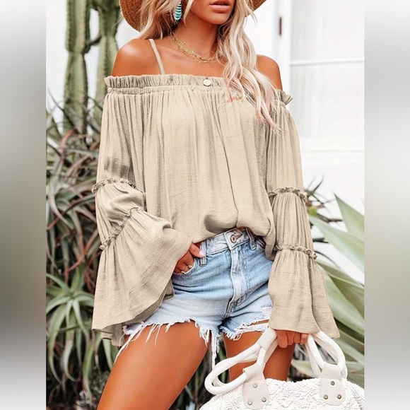 Boho Off Shoulder Flare Long Sleeve Top Blouse Shirt Black - Picture 10 of 16